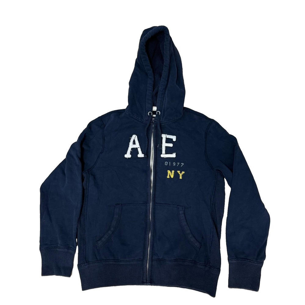 Y2K American Eagle Mens L Zip Hoodie Heavyweight Navy 3D Letters AE Sweatshirt